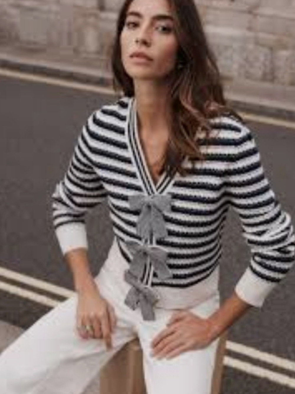 Striped Navy Blue and White Tie-Front V-Neck Sweater